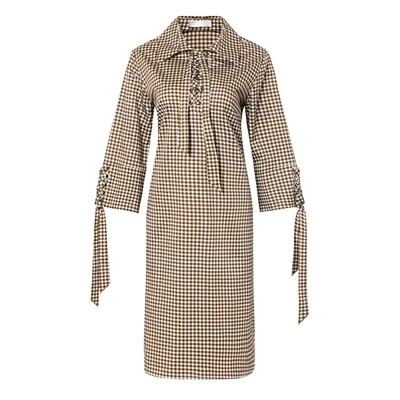 Brown Checkered Long Sleeve Dress